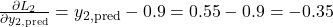 \frac{\partial L_2}{\partial y_{2, \text{pred}}} = y_{2, \text{pred}} - 0.9 = 0.55 - 0.9 = -0.35