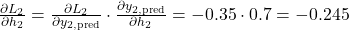 \frac{\partial L_2}{\partial h_2} = \frac{\partial L_2}{\partial y_{2, \text{pred}}} \cdot \frac{\partial y_{2, \text{pred}}}{\partial h_2} = -0.35 \cdot 0.7 = -0.245