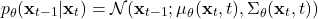 \[ p_\theta(\mathbf{x}_{t-1} | \mathbf{x}_t) = \mathcal{N}(\mathbf{x}_{t-1}; \mu_\theta(\mathbf{x}_t, t), \Sigma_\theta(\mathbf{x}_t, t)) \] 