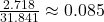 \frac{2.718}{31.841} \approx 0.085