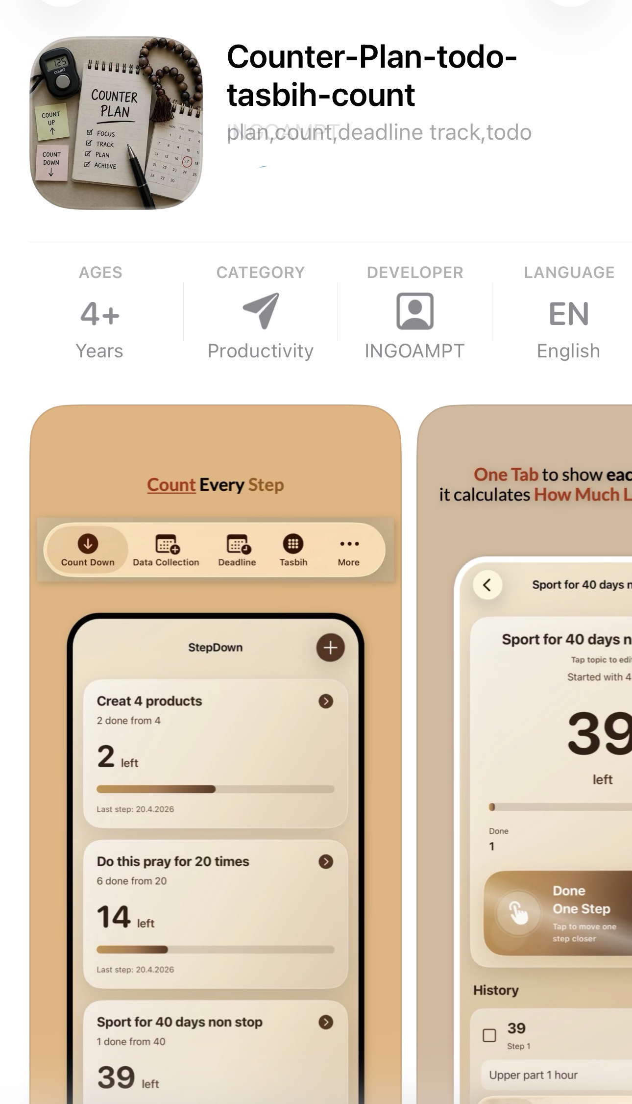 Counter Plan Todo Tasbih Count iOS productivity app screenshot by INGOAMPT
