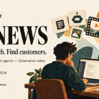 Original illustration for INGOAMPT AI News: one developer at a laptop with agent, image and video motifs; Build. Launch. Find customers. 15 October 2026.